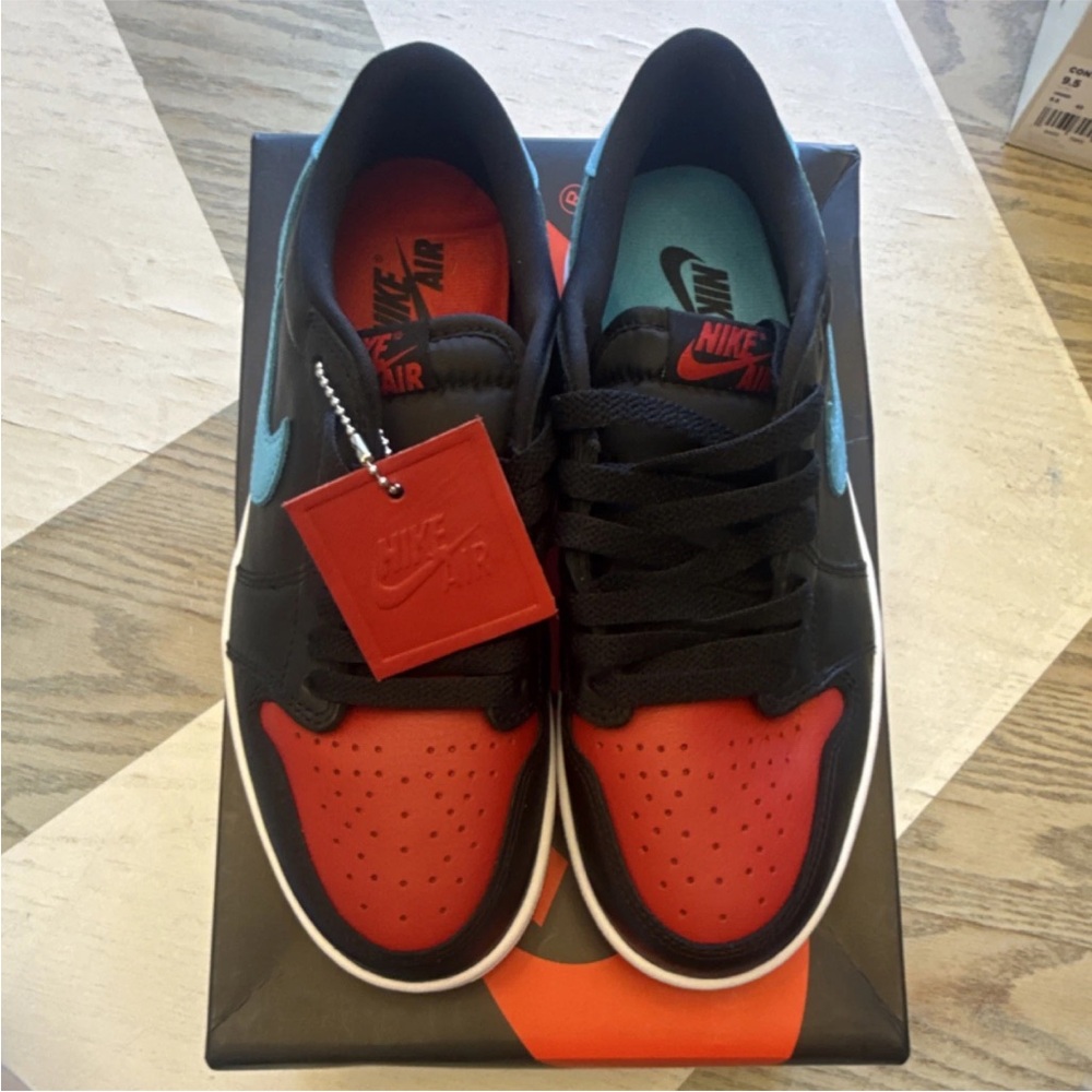Nike Women's Red and Black Sneakers with Blue Highlights